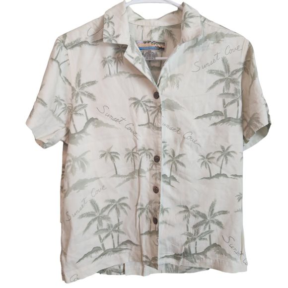 Sunset Cove Floral Palm Tree Hawaiian Short Sleeve Women's Size M‎ - Picture 1 of 4